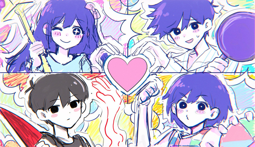 +_+, 1girl, 3boys, aubrey_(headspace)_(omori), aubrey_(omori), ball, black_eyes, black_hair, blue_shirt, blush, bow, closed_mouth, colored_skin, expressionless, frying_pan, hair_bow, heart_hands_quartet, hero_(headspace)_(omori), hero_(omori), highres, holding, holding_ball, holding_frying_pan, kel_(headspace)_(omori), kel_(omori), long_hair, looking_at_viewer, mailbox_(incoming_mail), multiple_boys, omori, omori_(omori), one_eye_closed, open_mouth, pink_box, purple_hair, salt_xs2, shirt, short_hair, short_sleeves, sketch, smile, sweatdrop, violet_eyes, white_skin