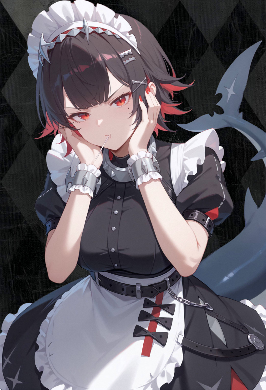 1girl, absurdres, ai-generated, angry, black_dress, black_hair, breasts, candy, colored_inner_hair, dress, ellen_joe, fins, fish_tail, food, hands_on_own_cheeks, hands_on_own_face, heretikka, highres, lollipop, looking_at_viewer, maid, maid_headdress, mihoyo, mole, mole_under_eye, multicolored_hair, pantyhose, puffy_short_sleeves, puffy_sleeves, red_eyes, red_nails, redhead, shark_tail, short_hair, short_sleeves, solo, tail, zenless_zone_zero