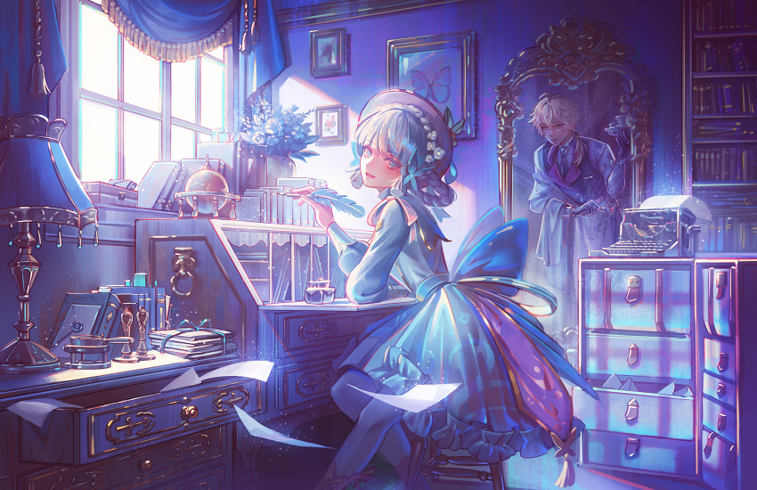 book, bookshelf, curtains, dress, flower, genshin_impact, highres, holding