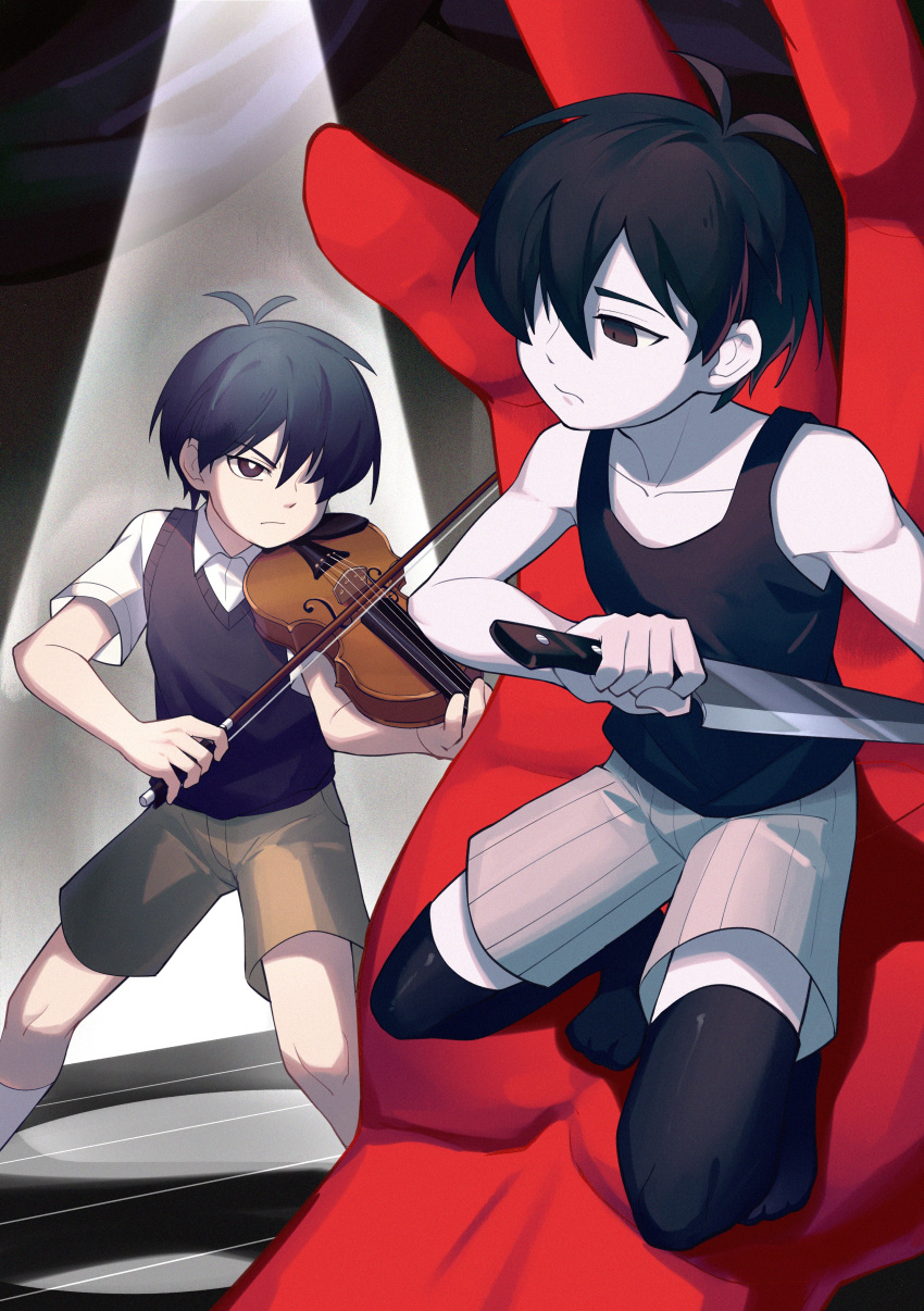 2boys, absurdres, black_eyes, black_hair, black_sweater_vest, black_thighhighs, bow_(music), brick_st