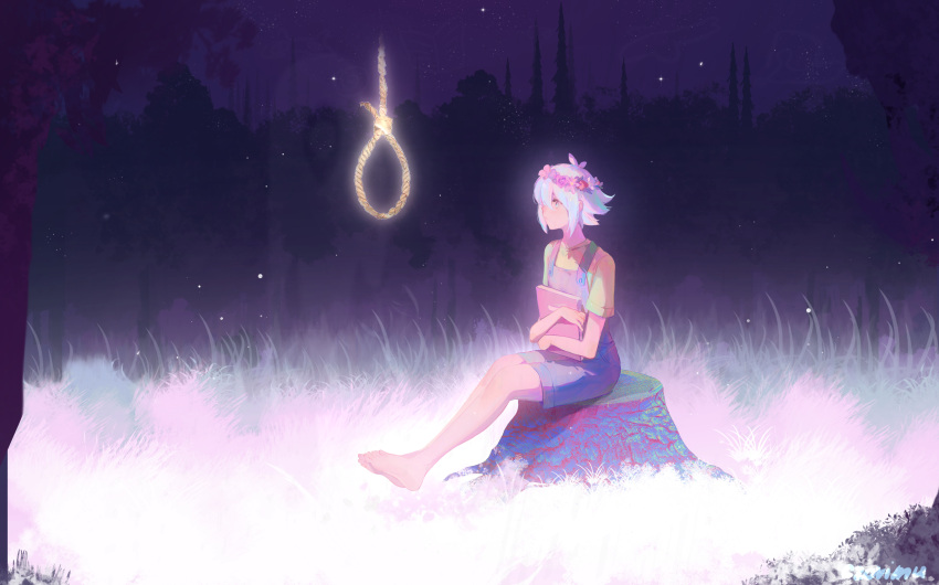 1boy, absurdres, barefoot, basil_(headspace)_(omori), basil_(omori), blue_overalls, czorimu, flower
