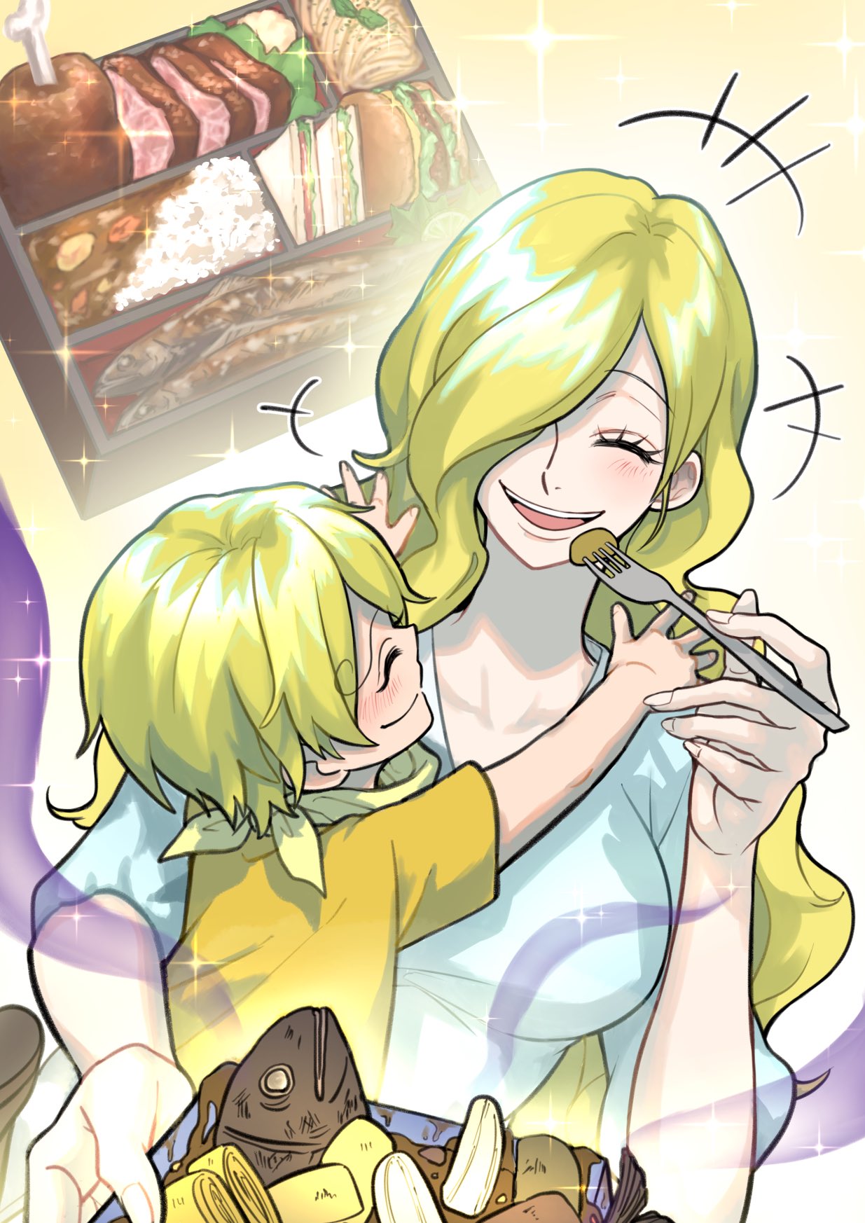 +++, 1boy, 1girl, ^_^, aged_down, bento, blue_dress, burger