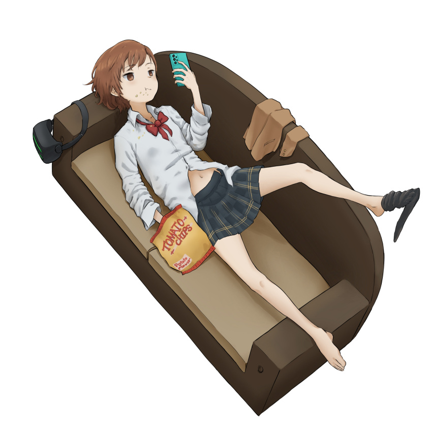 1girl, absurdres, bag_of_chips, black_skirt, black_socks, bow, bowtie, brown_eyes