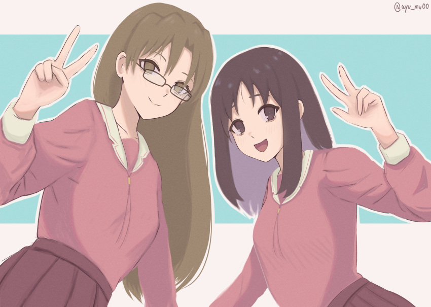 2girls, ayu_mu00, azumanga_daioh, azumanga_daioh's_school_uniform, brown_eyes, brown_hair, glasses, highres