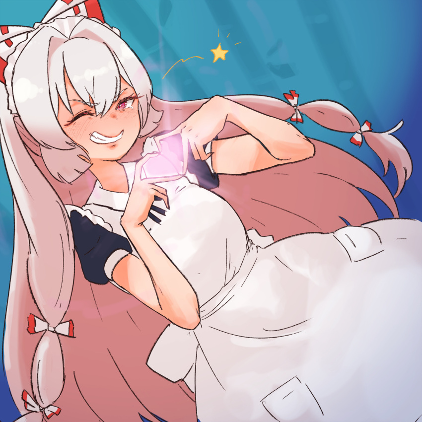 alternate_costume, apron, bamboo, blush, bow, enmaided, forced_smile, fujiwara_no_mokou