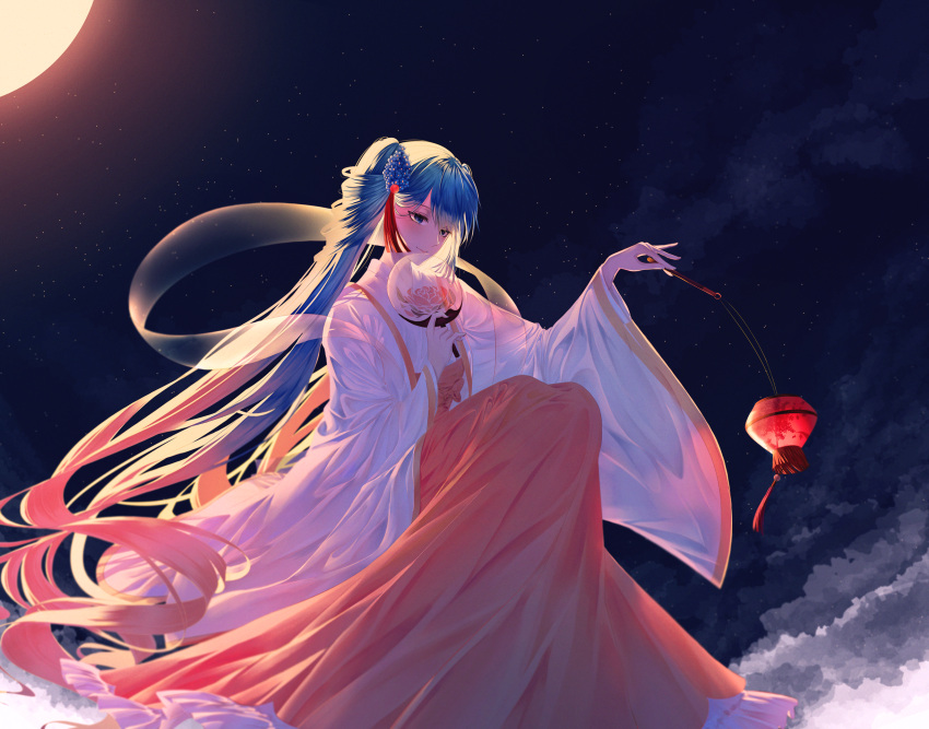 1girl, blue_eyes, blue_hair, china_dress, chinese_clothes, chuushuu_meigetsu_miku, clouds, commentary