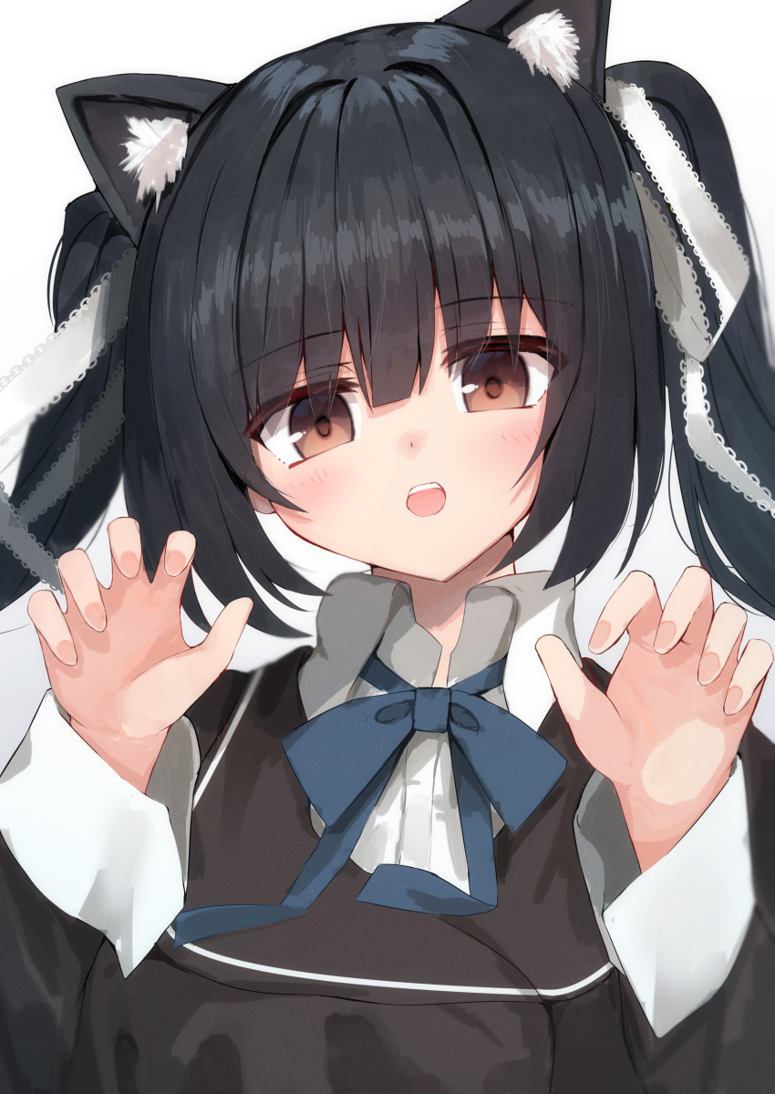 1girl, absurdres, animal_ear_fluff, animal_ears, black_hair, black_jacket, blue_ribbon, blunt_bangs