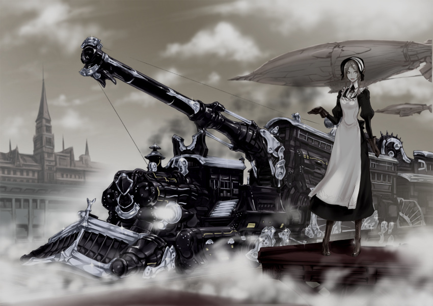 apron, boots, dirigible, gloves, highres, ishinarimaru_shouten, maid, pixiv_steampunk