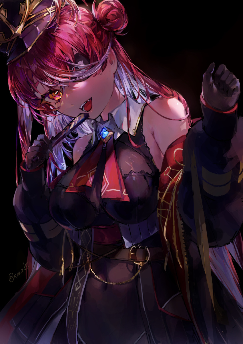 1girl, absurdres, breasts, chest_jewel, dark_background, eyepatch, hat, highres