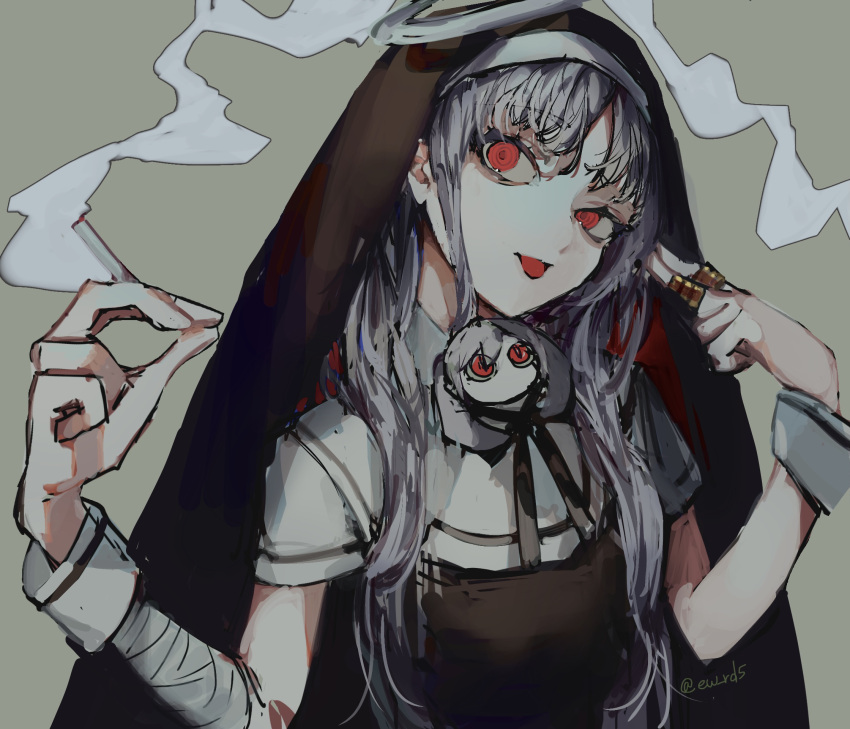 1girl, :p, aimaina, bandaged_arm, bandages, cigarette, fingers_to_head, grey_background