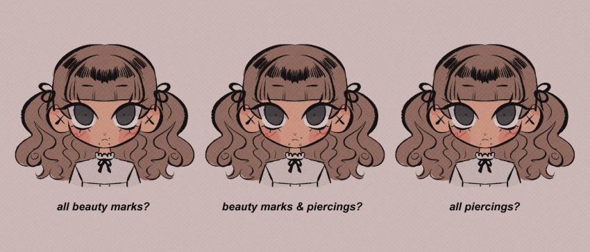 1girl, black_eyes, black_ribbon, blunt_bangs, blush, brown_background, brown_hair, chibi