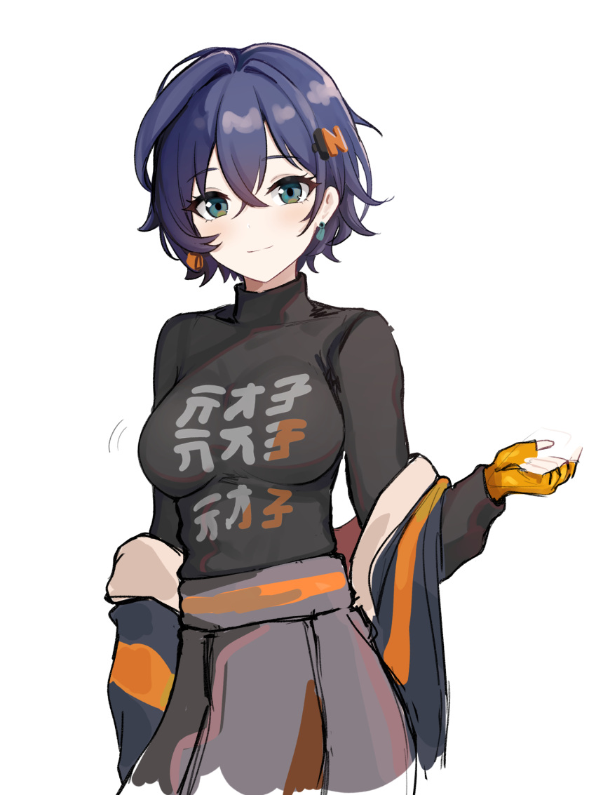 1girl, belle_(zenless_zone_zero), black_shirt, blue_hair, breasts, closed_mouth, cowboy_shot, crossed_bangs, earrings, gloves, green_eyes, hair_between_eyes, hair_ornament, highres, jewelry, letter_hair_ornament, long_sleeves, looking_at_viewer, medium_breasts, mini2chainz, orange_gloves, shirt, short_hair, simple_background, sketch, sleeveless, sleeveless_jacket, smile, solo, taut_clothes, taut_shirt, turtleneck, white_background, zenless_zone_zero
