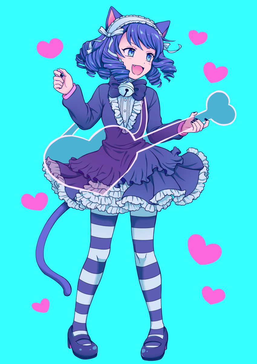 1girl, :d, animal_ears, black_nails, blue_background, blue_bow, blue_bowtie, blue_dress