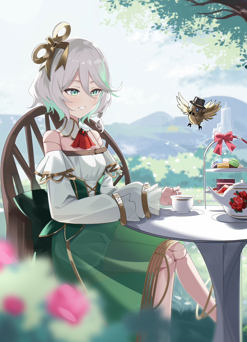1girl, absurdres, blush, cecilia_immergreen, cup, detached_sleeves, doll, doll_joints, green_eyes, green_hair, green_skirt, highres, hololive, hololive_english, jimo_0074, joints, looking_at_viewer, multicolored_hair, shirt, short_hair, skirt, smile, solo, streaked_hair, teacup, virtual_youtuber, white_hair, white_shirt, white_sleeves, winding_key