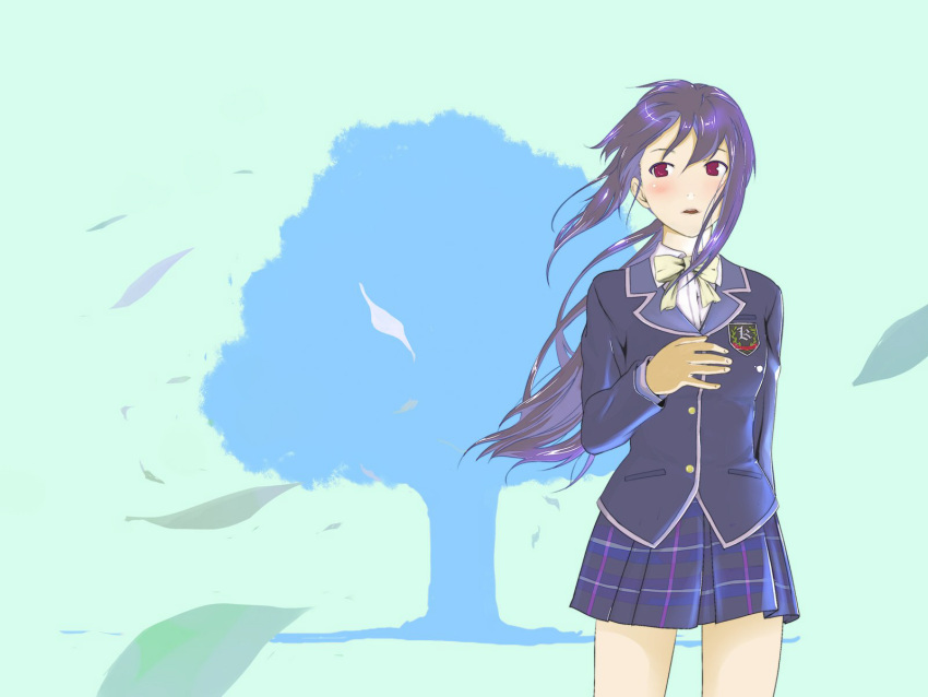 chounan, highres, leaf, long_hair, ookura_miyako, plaid, plaid_skirt, pleated_skirt