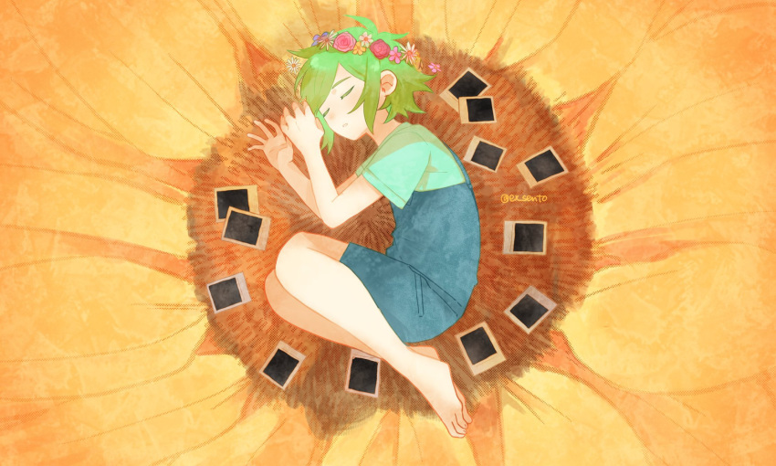 1boy, 6f6d6f7269, barefoot, basil_(headspace)_(omori), basil_(omori), blue_overalls, flower, green_hair