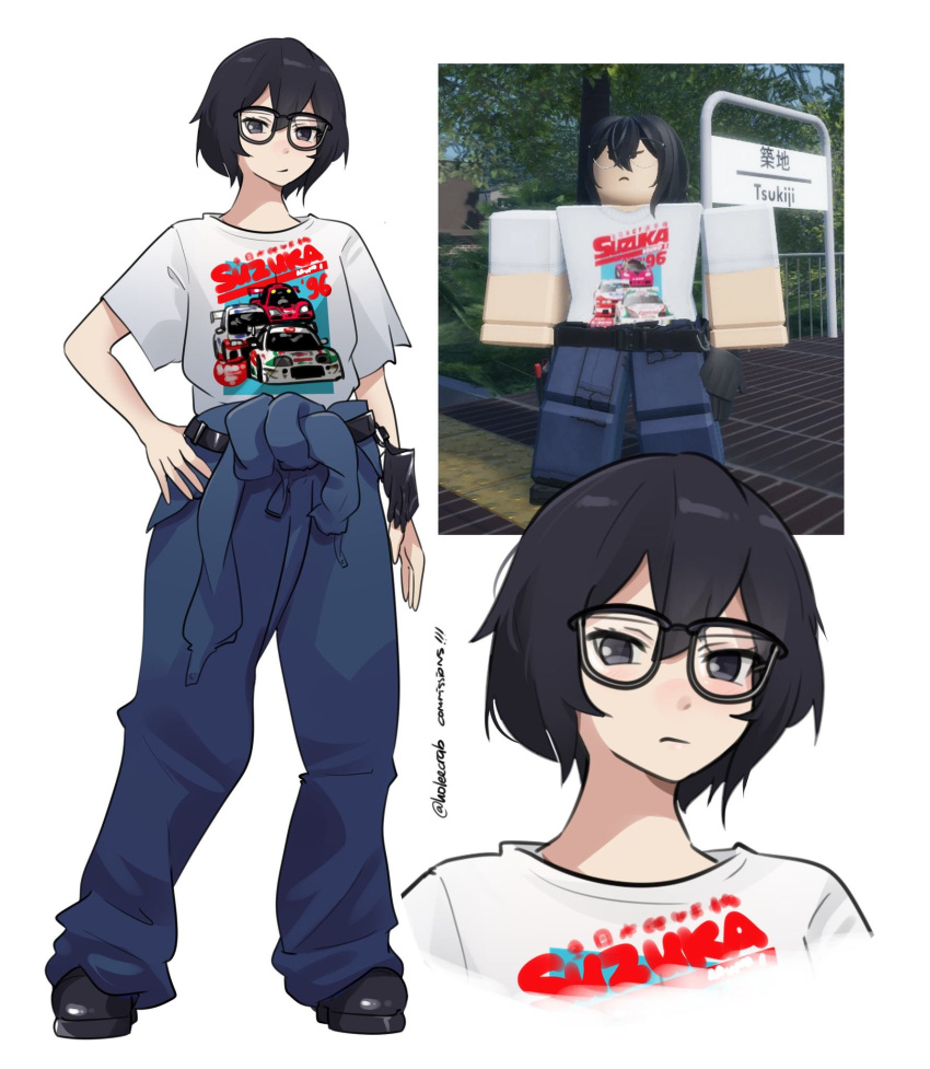 1girl, black_footwear, black_hair, blue_jumpsuit, boots, commission, english_commentary, frown