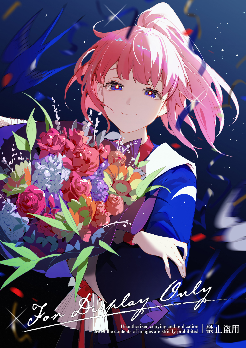 1girl, bird, blue_background, blue_eyes, blue_jacket, bouquet, chinese_commentary, closed_mouth