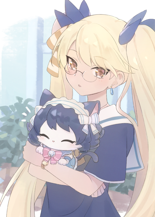2girls, :o, ^_^, animal_ears, bell, blonde_hair, blue_shirt, bow