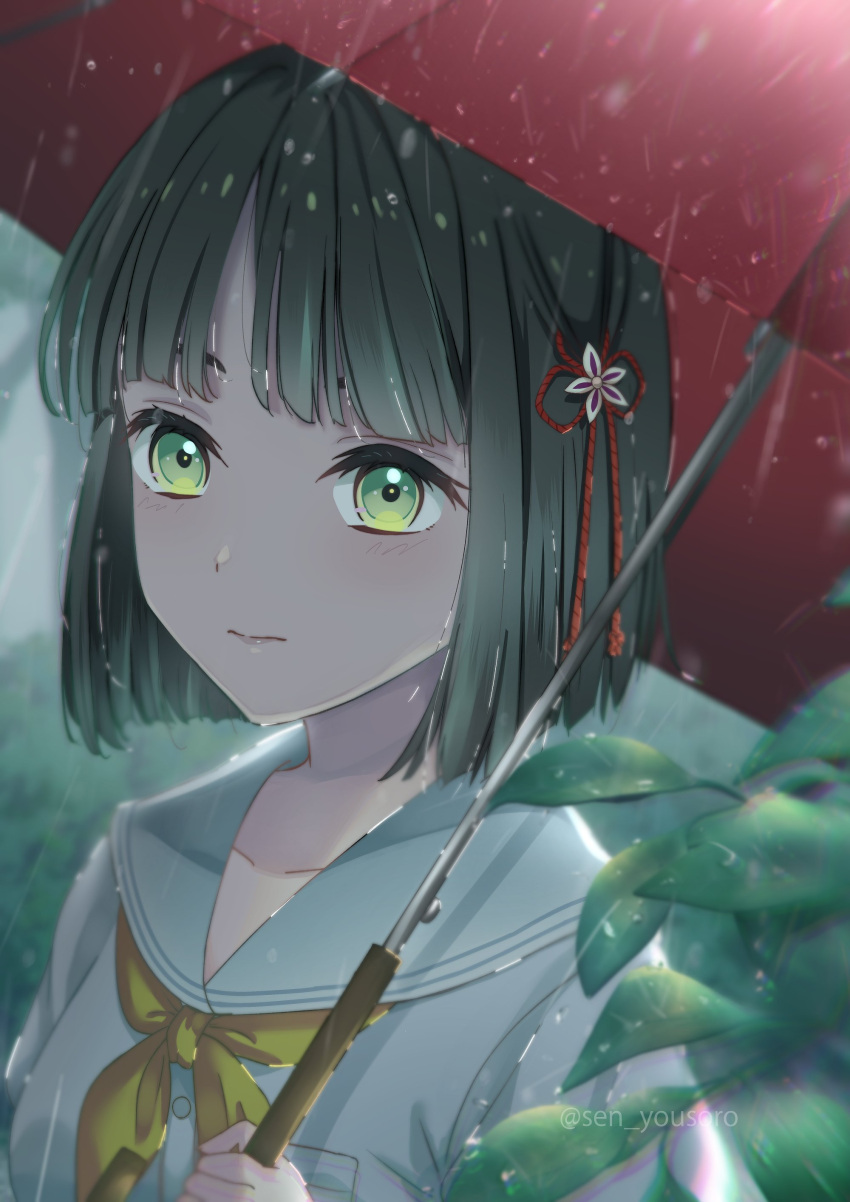 1girl, absurdres, artist_name, blush, commentary_request, green_eyes, green_hair, hair_ornament, hasu_no_sora_school_uniform, highres, holding, holding_umbrella, link!_like!_love_live!, looking_at_viewer, love_live!, momose_ginko, neckerchief, plant, rain, red_umbrella, sailor_collar, school_uniform, seubchok, short_hair, twitter_username, umbrella, white_sailor_collar, yellow_neckerchief