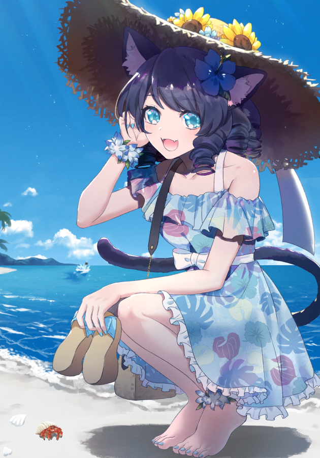1girl, :d, alternate_costume, animal_ears, bare_shoulders, barefoot, beach, blue_dress