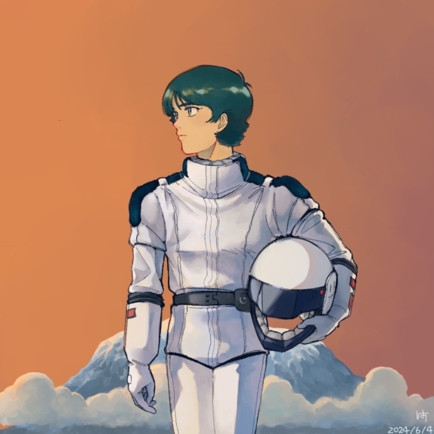 1boy, 2024, belt, clouds, commentary_request, dated, dusk, gloves, gradient_background, gundam, hb_nero8t, helmet, holding, holding_helmet, kamille_bidan, looking_to_the_side, mount_kilimanjaro, mountain, pilot_suit, signature, spacesuit, spoilers, walking_towards_viewer, zeta_gundam