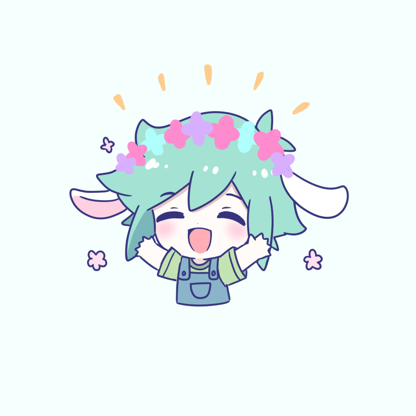1boy, ^_^, absurdres, animal_ears, antenna_hair, basil_(headspace)_(omori), basil_(omori), blue_overalls