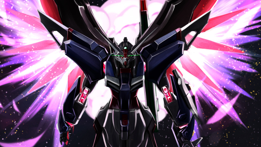 absurdres, destiny_gundam_spec_ii, energy_wings, explosion, glowing, glowing_eyes, gorigorimatcha, green_eyes