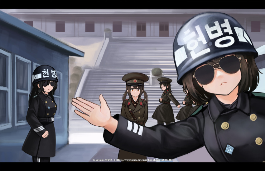 5girls, absurdres, artist_name, black_hair, brown_eyes, buttons, closed_mouth, double-breasted
