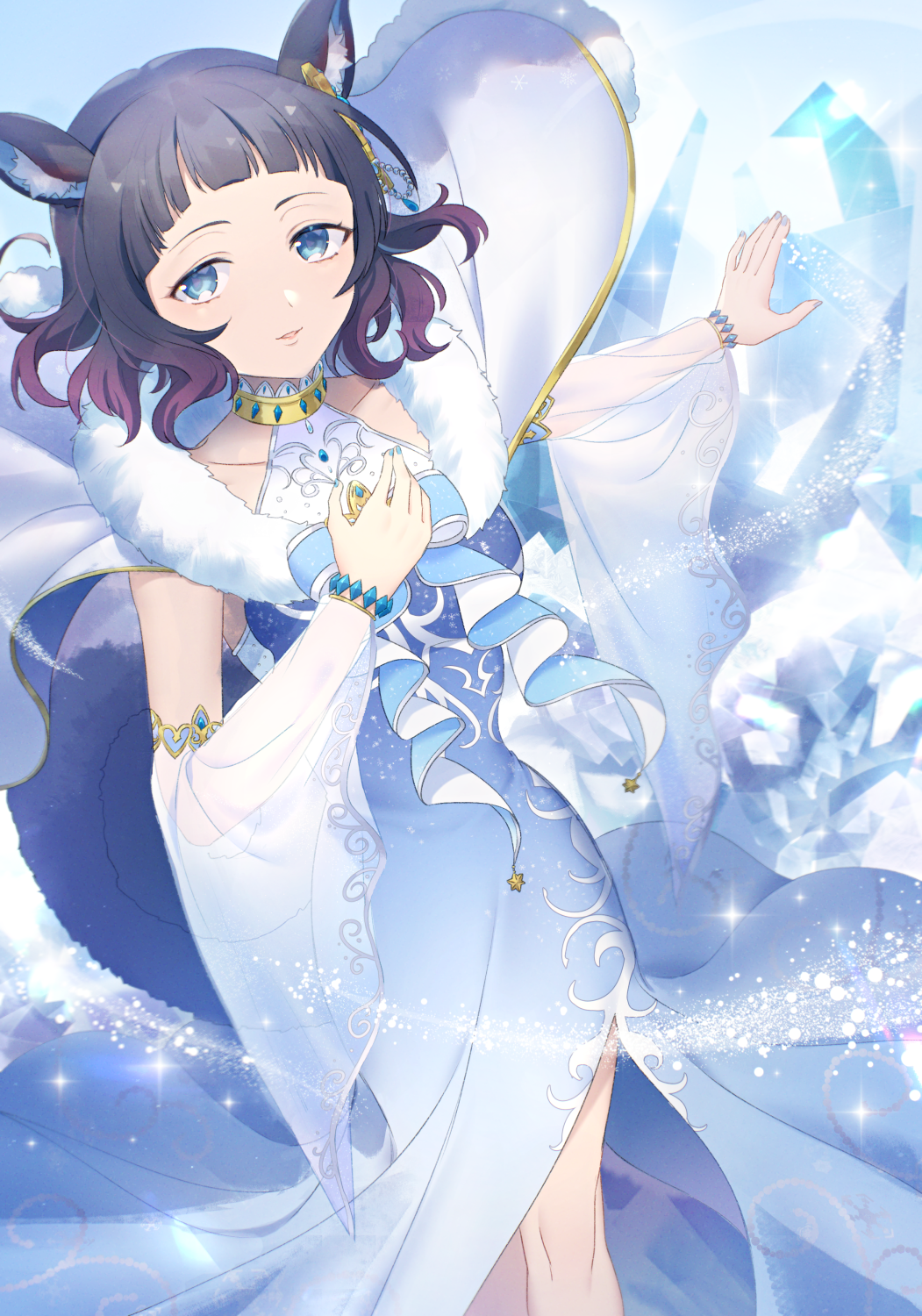 1girl, animal_ears, blue_dress, blue_eyes, blue_nails, blunt_bangs, bracelet, cape