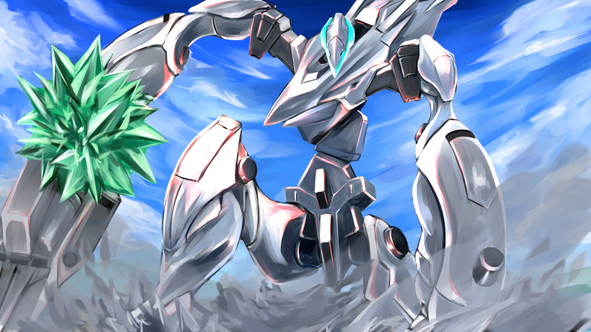 absurdres, assault_visor, clouds, crystal, glowing, gorigorimatcha, highres, holding, holding_sword, holding_weapon, mark_sein, mecha, mecha_focus, no_humans, robot, science_fiction, sky, solo, soukyuu_no_fafner, sword, weapon