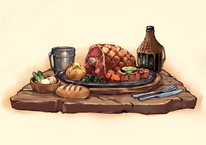 absurdres, baked_potato, bottle, bowl, bread, carrot_slice, food, food_focus, fork, fruit, ham, hasegawa_(morebeer), highres, knife, lime_(fruit), lime_slice, loaf, meat, no_humans, onion, original, peas, potato, still_life, table, vegetable, wooden_table