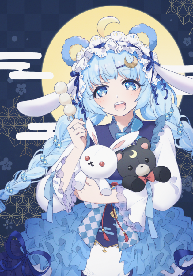 1girl, ahoge, animal_ear_hairband, animal_ears, asa_no_ha_(pattern), bear_ears, blue_background, blue_eyes