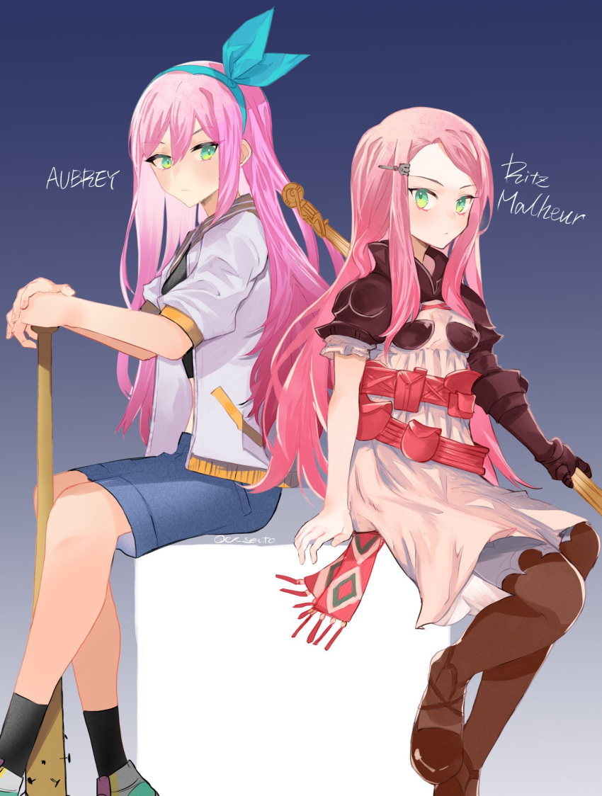 2girls, 6f6d6f7269, aubrey_(faraway)_(omori), aubrey_(omori), baseball_bat, black_socks, blue_skirt, boots
