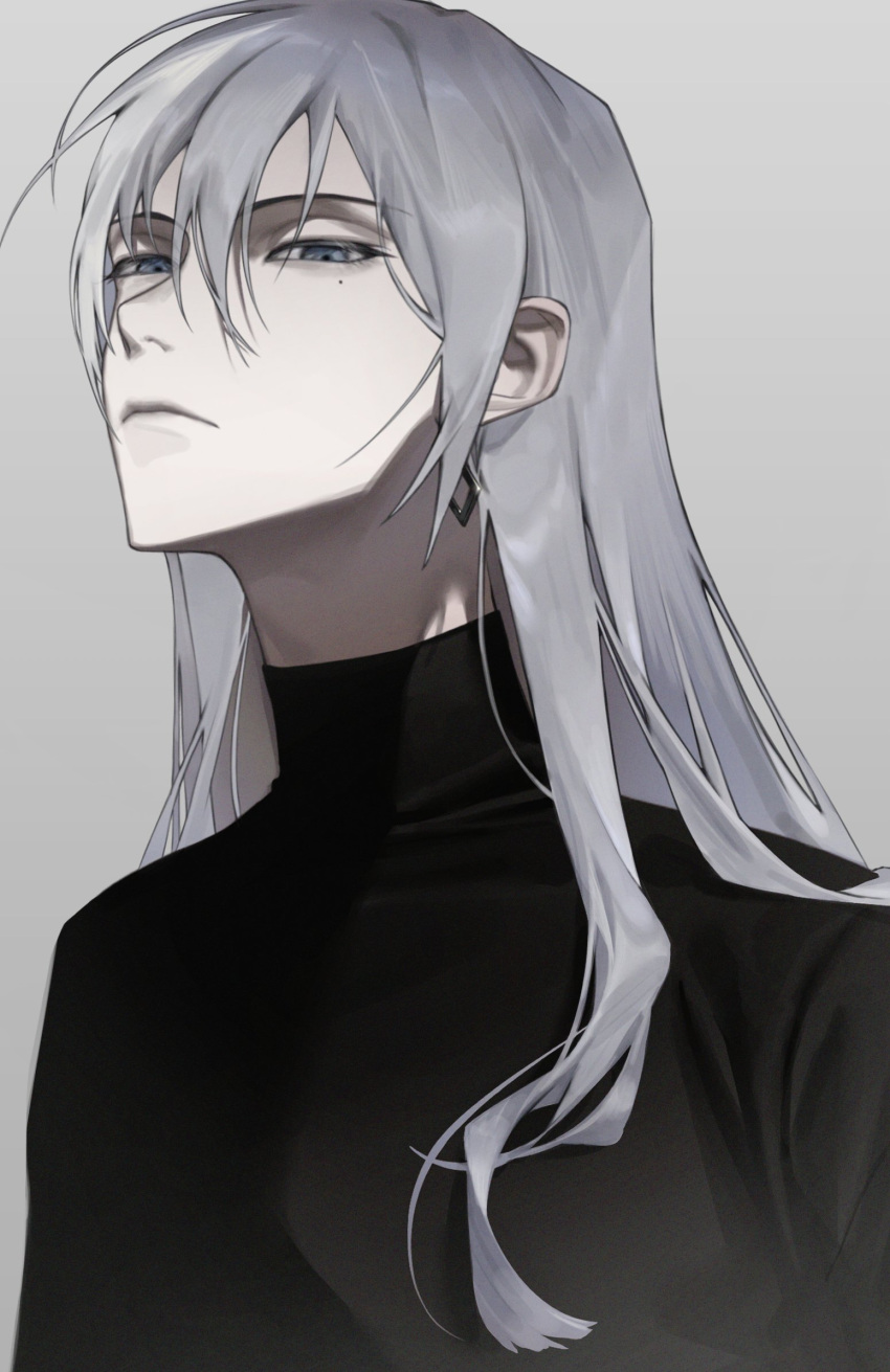 1boy, black_sweater, blue_eyes, closed_mouth, commentary, earrings, frown, grey_background