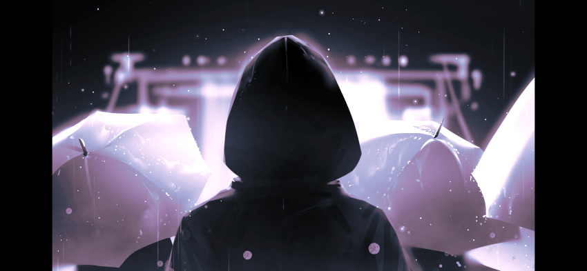 ambiguous_gender, black_jacket, character_request, commentary_request, from_behind, highres, hood, hood_up