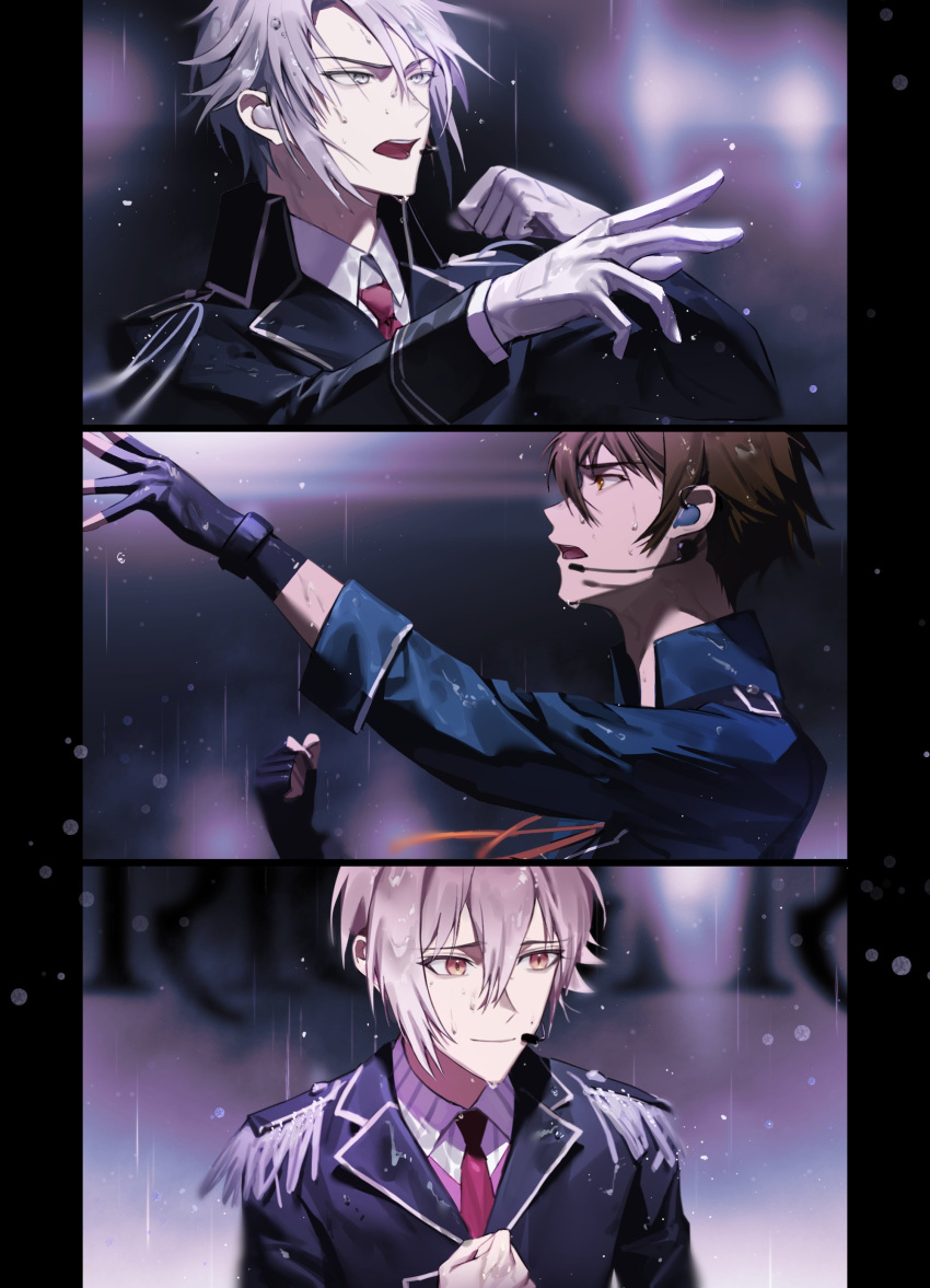 3boys, absurdres, black_gloves, black_jacket, blue_jacket, brown_hair, character_request, check_character