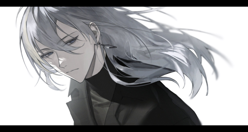 1boy, black_sweater, closed_mouth, diamond_earrings, earrings, eyes_visible_through_hair, film_grain, grey_hair