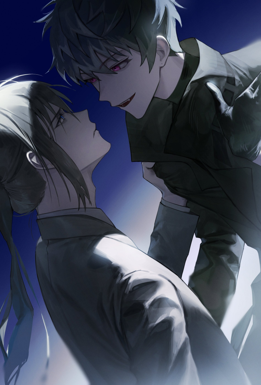 2boys, absurdres, black_gloves, black_hair, black_jacket, blue_eyes, character_request, check_character