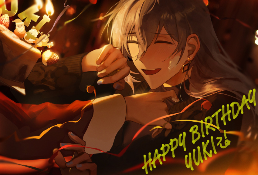 2boys, birthday_cake, black_sweater, blurry, blurry_background, cake, character_name, english_text