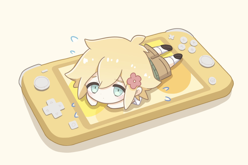 1boy, antenna_hair, basil_(faraway)_(omori), basil_(omori), blue_eyes, blush, brown_footwear, brown_shorts