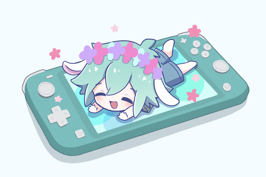 1boy, antenna_hair, barefoot, basil_(headspace)_(omori), basil_(omori), blue_overalls, blush, chibi