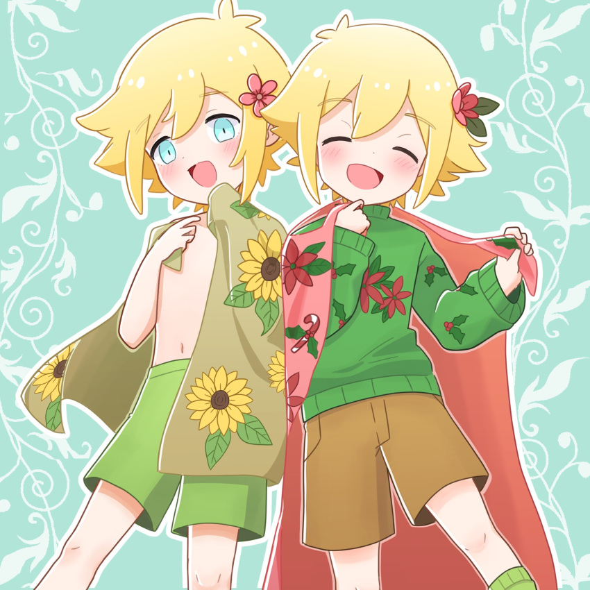 1boy, alternate_costume, basil_(faraway)_(omori), basil_(omori), blonde_hair, blue_eyes, blush, brown_shorts