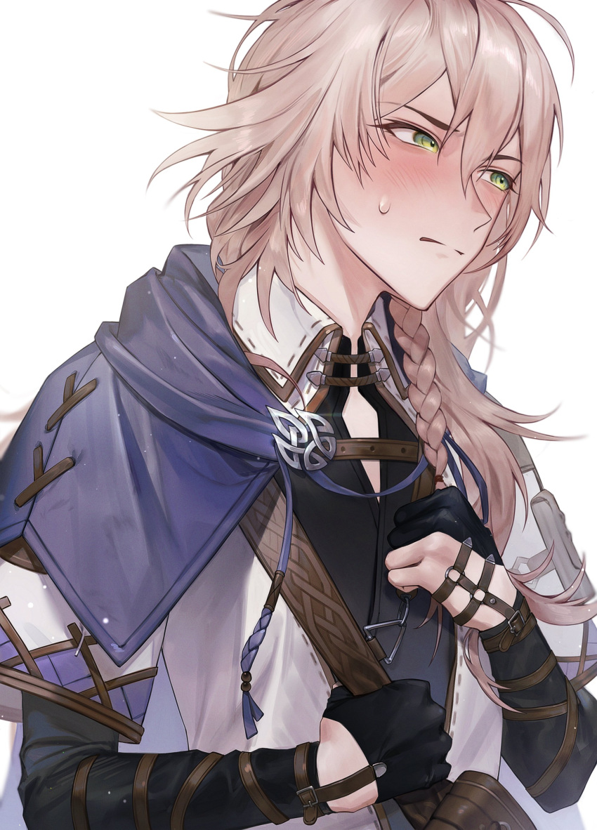 1boy, absurdres, black_gloves, black_shirt, blue_cape, blush, braid, brown_trim, cape, commentary_request, gloves, green_eyes, hair_between_eyes, half_gloves, hand_on_own_chest, highres, kng_roo, korean_commentary, leather, light_brown_hair, loiscneach_(mabinogi), long_hair, mabinogi, male_focus, parted_bangs, shirt, short_sleeves, side_braid, simple_background, single_braid, solo, sweat, upper_body, white_background
