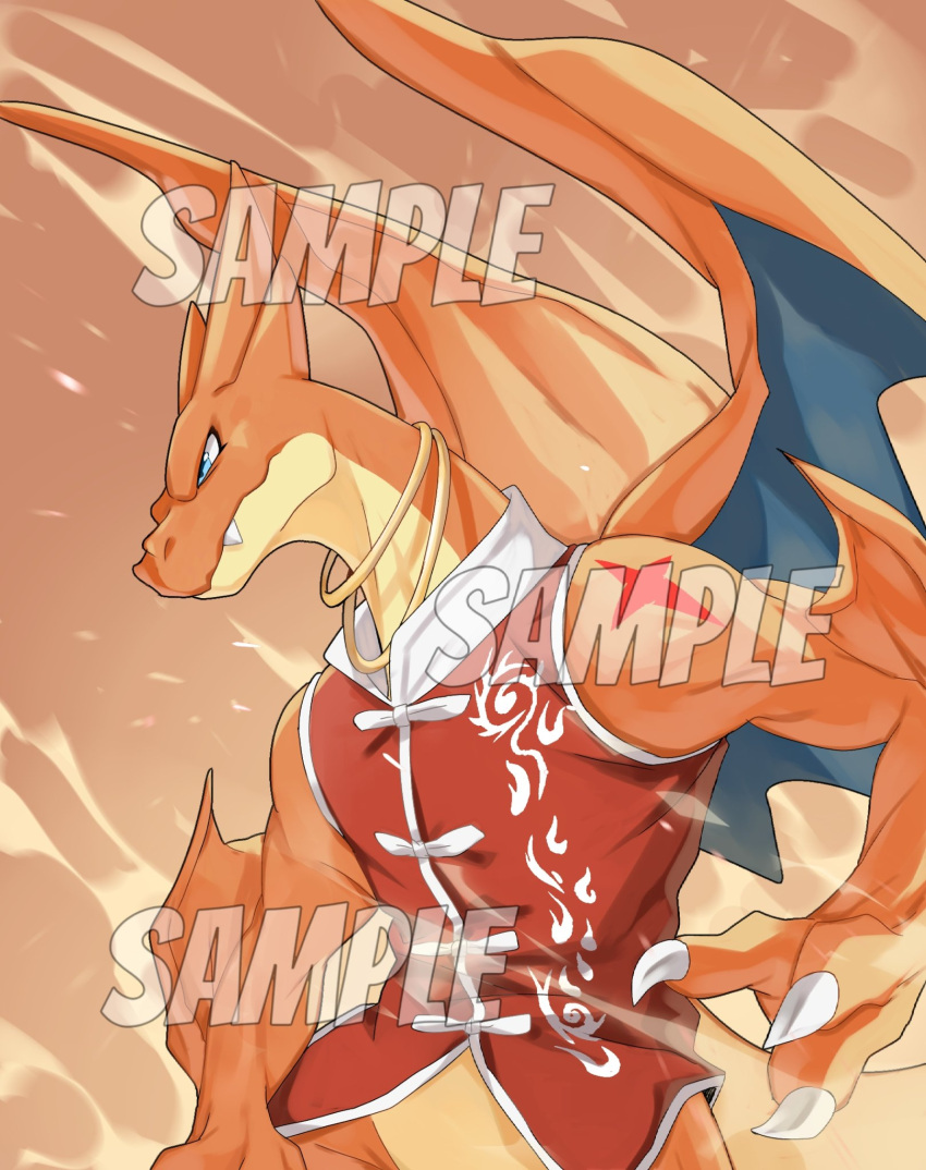 blue_eyes, charizard, claws, clothed_pokemon, colored_skin, dragon, dragon_wings, english_text, fang, fire, highres, jewelry, laiweitui, looking_to_the_side, mega_charizard_y, necklace, orange_skin, pokemon, pokemon_(creature), red_vest, sample_watermark, solo, standing, upper_body, vest, watermark, wings