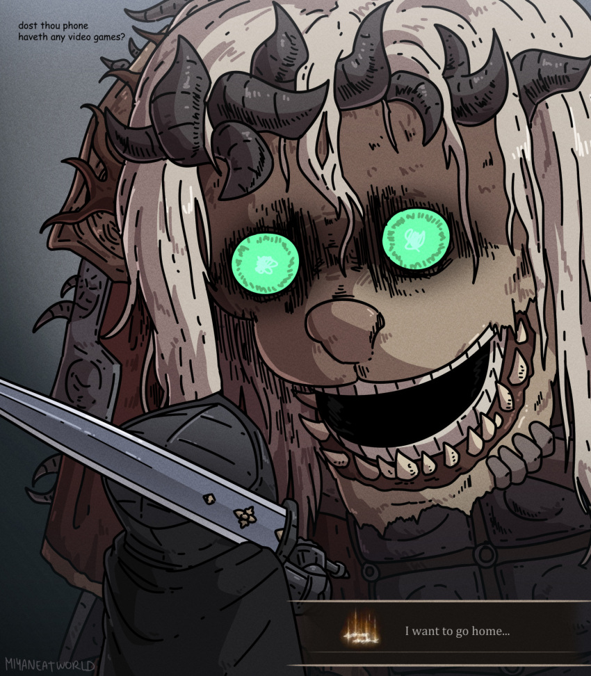 cape, demon_horns, divine_beast_dancing_lion, elden_ring, elden_ring:_shadow_of_the_erdtree, english_text, greatsword, green_eyes