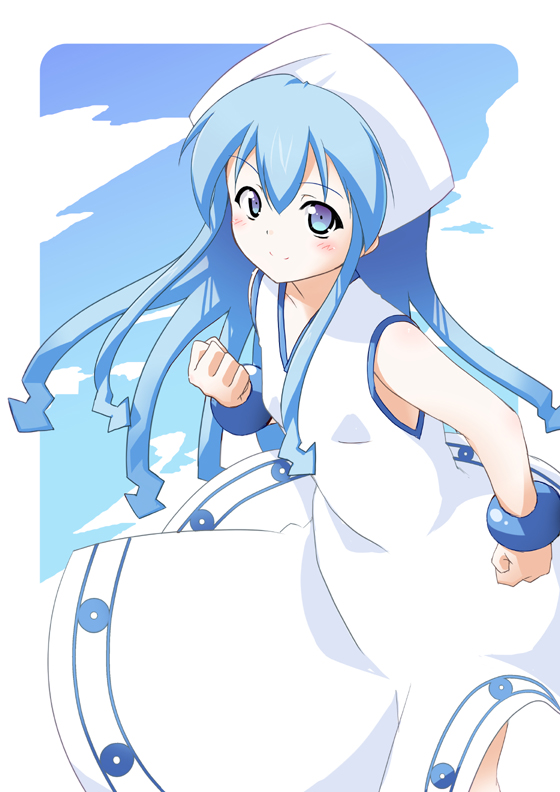 blight_sphere, blue_hair, blush, bracelet, clenched_hands, dress, hat, ikamusume