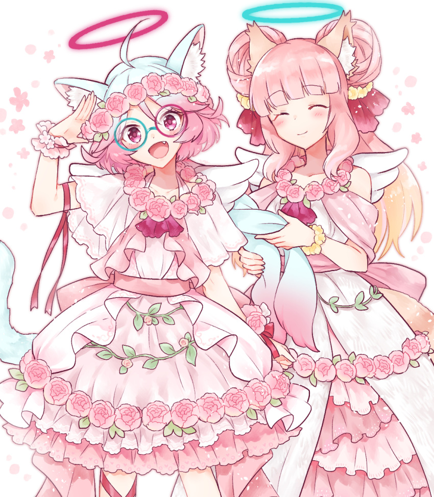 2girls, :d, ^_^, ahoge, alternate_costume, angel_wings, arm_ribbon, blue_eyes