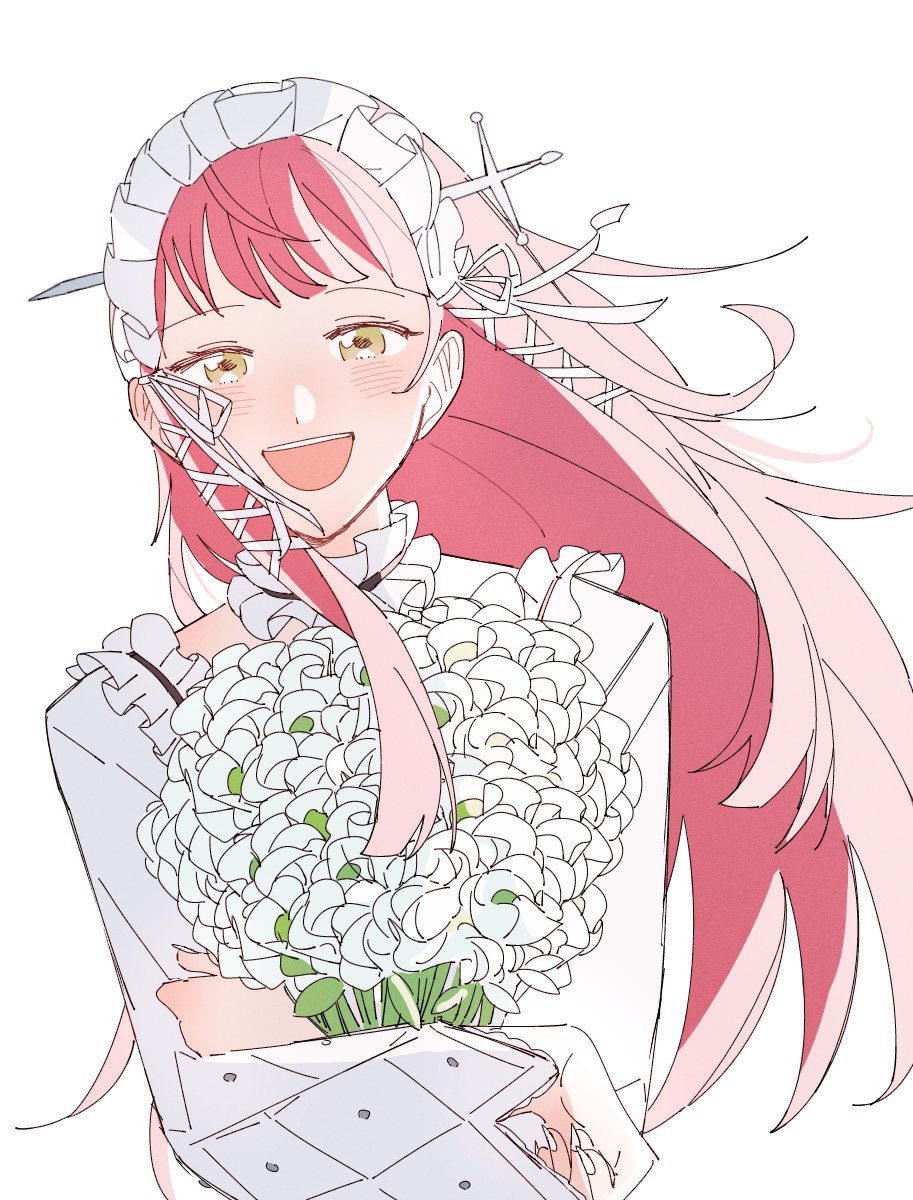 1girl, blunt_bangs, blush, bouquet, choker, commentary_request, dress, flower