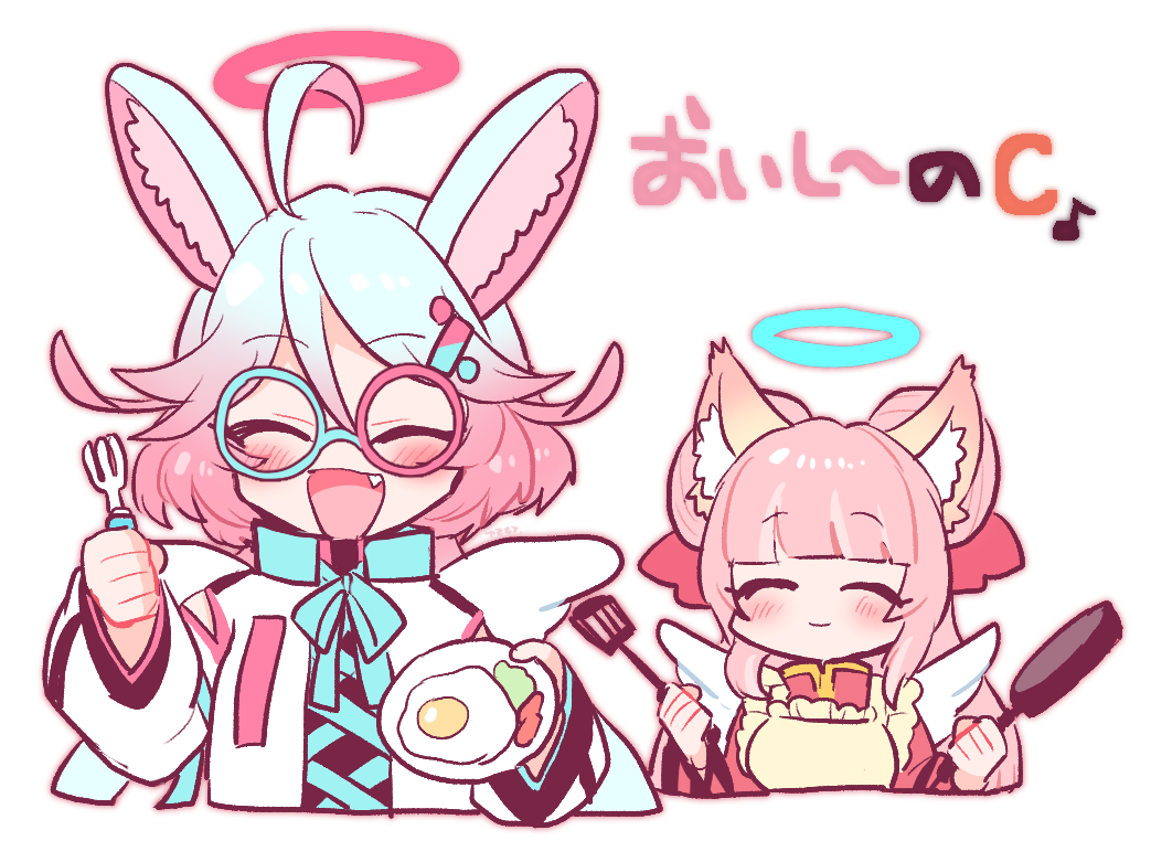2girls, ^_^, ahoge, angel_wings, animal_ears, blue_hair, blunt_bangs, closed_eyes